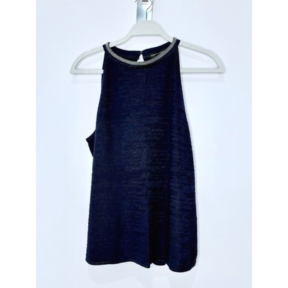 White House Black Market Navy‎ Blue Metallic Shimmer Beaded Neck Halter Top XL